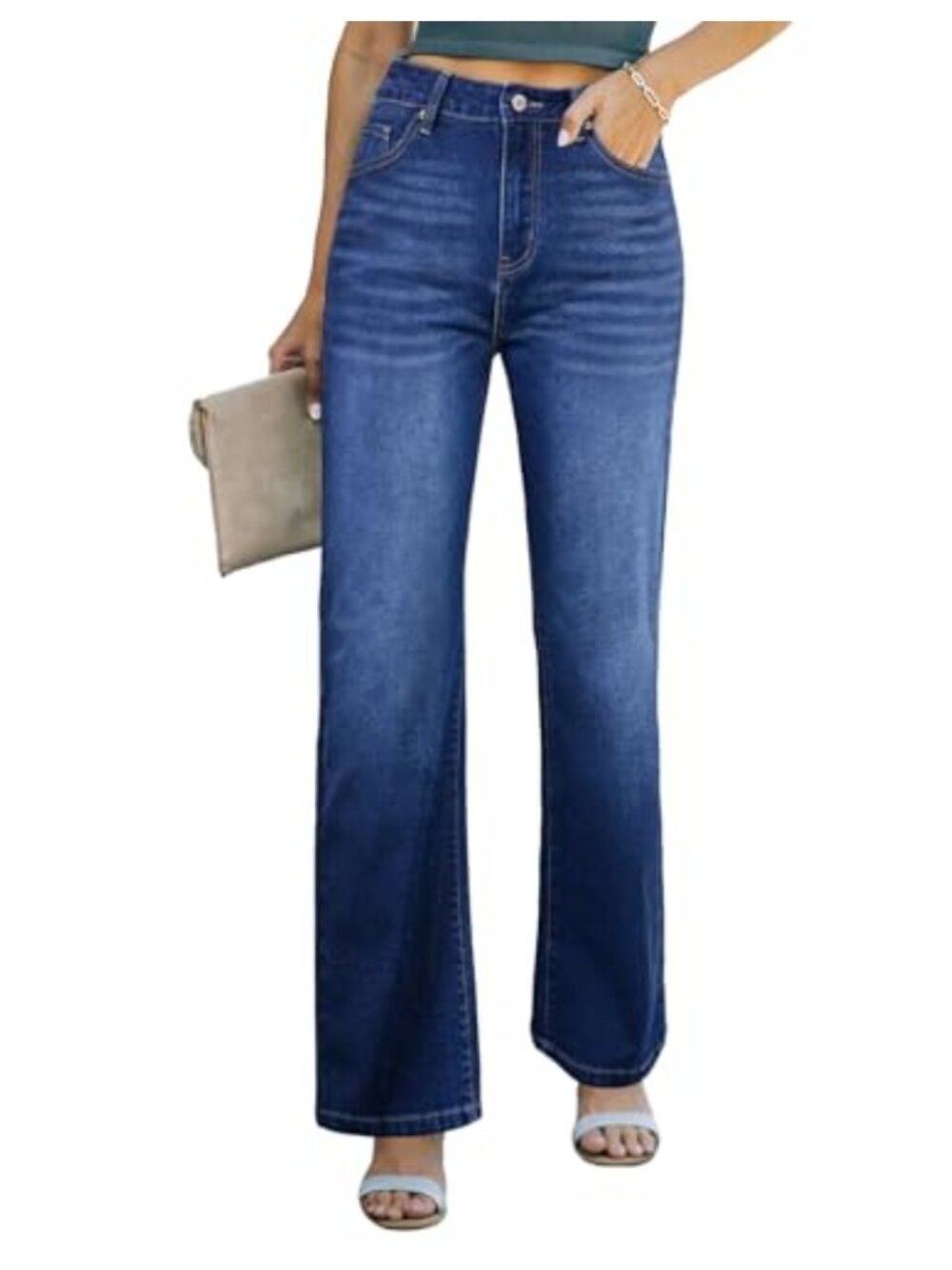 High Rise Wide Leg Stretchy Straight Jeans Denim Pants Casual Office Wear